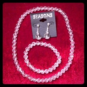 Clear beaded necklace earring & bracelet set